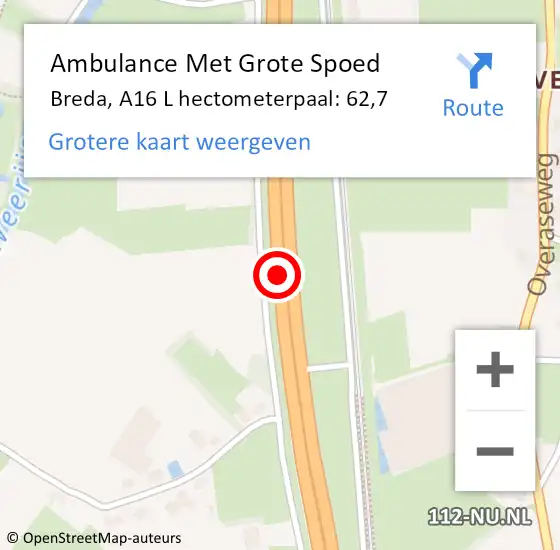 Locatie op kaart van de 112 melding: Ambulance Met Grote Spoed Naar Breda, A16 L hectometerpaal: 65,0 op 29 maart 2017 20:59