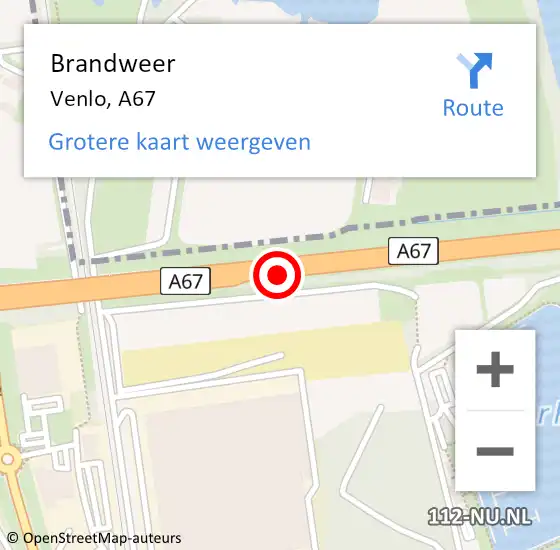 Locatie op kaart van de 112 melding: Brandweer Venlo, A67 op 29 maart 2017 23:19