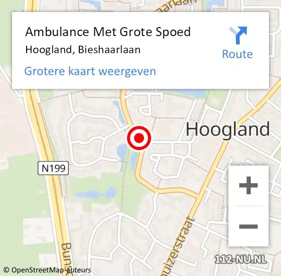 Locatie op kaart van de 112 melding: Ambulance Met Grote Spoed Naar Hoogland, Bieshaarlaan op 30 maart 2017 10:04