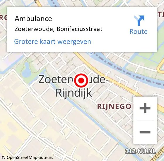 Locatie op kaart van de 112 melding: Ambulance Zoeterwoude, Bonifaciusstraat op 31 maart 2017 08:02