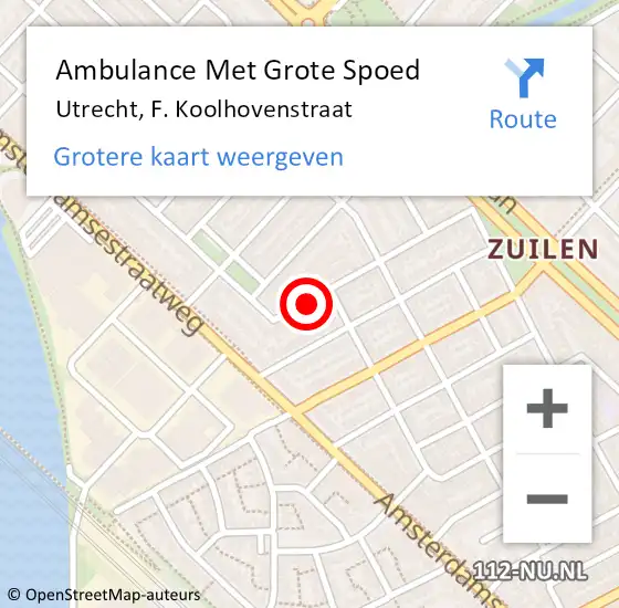 Locatie op kaart van de 112 melding: Ambulance Met Grote Spoed Naar Utrecht, F. Koolhovenstraat op 31 maart 2017 08:52