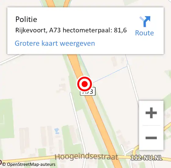 Locatie op kaart van de 112 melding: Politie Rijkevoort, A73 hectometerpaal: 81,6 op 2 april 2017 03:56