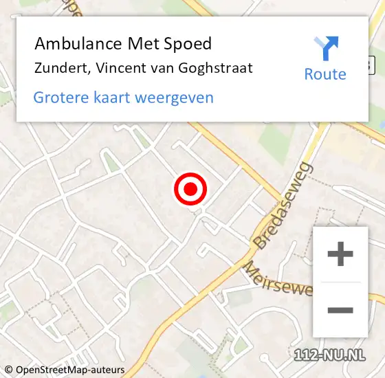 Locatie op kaart van de 112 melding: Ambulance Met Spoed Naar Zundert, Vincent van Goghstraat op 2 april 2017 12:58