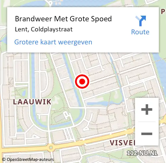 Locatie op kaart van de 112 melding: Brandweer Met Grote Spoed Naar Lent, Coldplaystraat op 2 april 2017 14:06