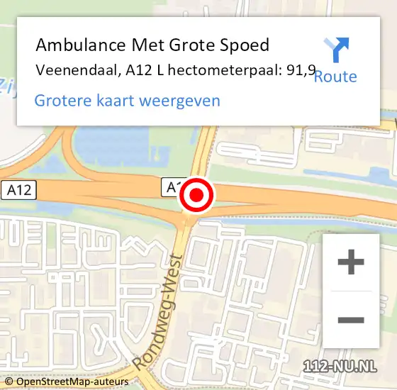 Locatie op kaart van de 112 melding: Ambulance Met Grote Spoed Naar Veenendaal, A12 R hectometerpaal: 91,2 op 3 april 2017 17:23
