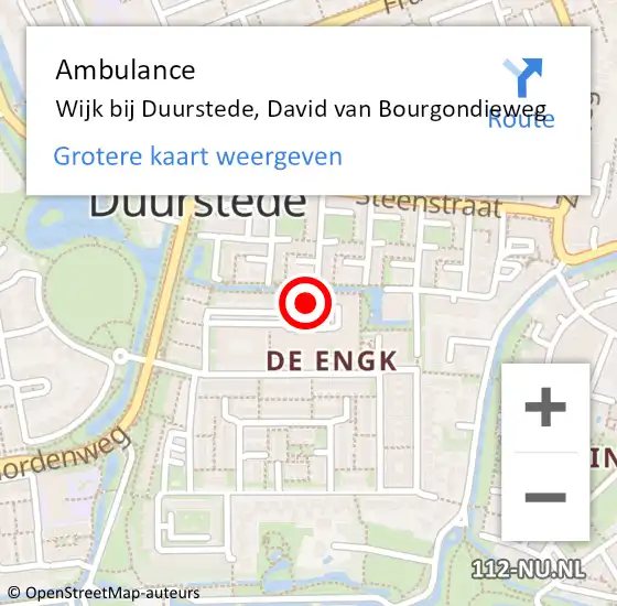 Locatie op kaart van de 112 melding: Ambulance Wijk bij Duurstede, David van Bourgondieweg op 3 april 2017 22:09