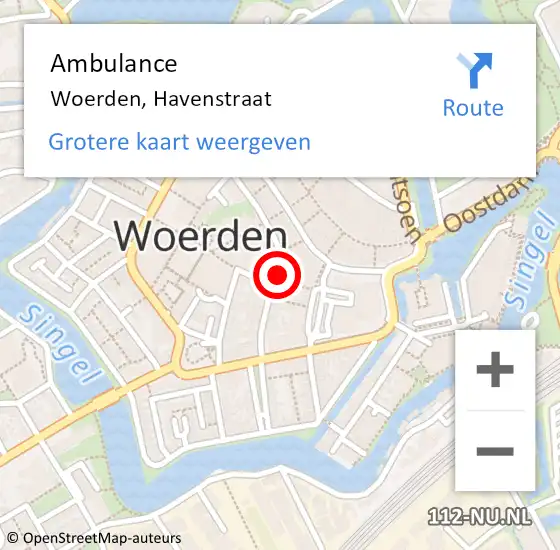 Locatie op kaart van de 112 melding: Ambulance Woerden, Havenstraat op 3 april 2017 23:17