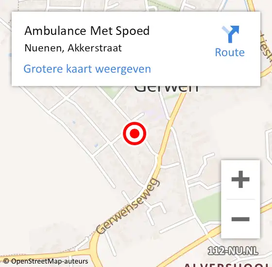 Locatie op kaart van de 112 melding: Ambulance Met Spoed Naar Nuenen, Akkerstraat op 4 april 2017 20:03