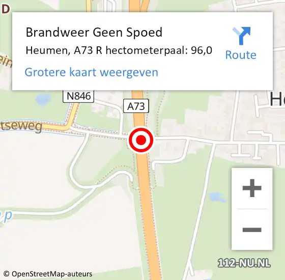 Locatie op kaart van de 112 melding: Brandweer Geen Spoed Naar Heumen, A73 R hectometerpaal: 96,0 op 7 april 2017 12:59