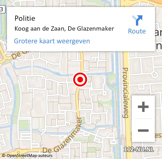 Locatie op kaart van de 112 melding: Politie Koog aan de Zaan, De Glazenmaker op 7 april 2017 15:00