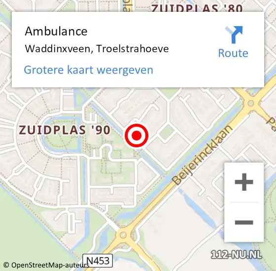 Locatie op kaart van de 112 melding: Ambulance Waddinxveen, Troelstrahoeve op 8 april 2017 13:46