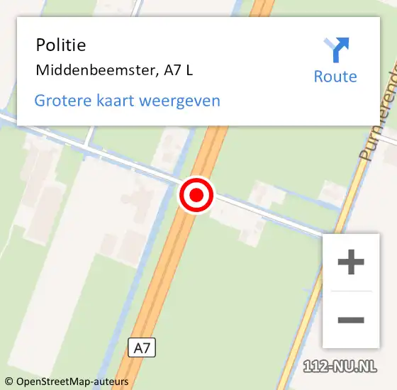 Locatie op kaart van de 112 melding: Politie Middenbeemster, A7 L op 10 april 2017 09:03