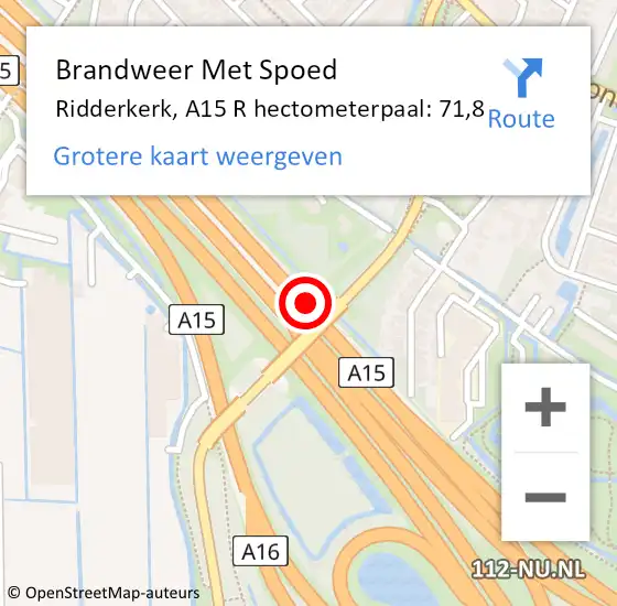 Locatie op kaart van de 112 melding: Brandweer Met Spoed Naar Ridderkerk, A15 R hectometerpaal: 71,8 op 10 april 2017 14:42