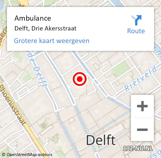 Locatie op kaart van de 112 melding: Ambulance Delft, Drie Akersstraat op 10 april 2017 15:53