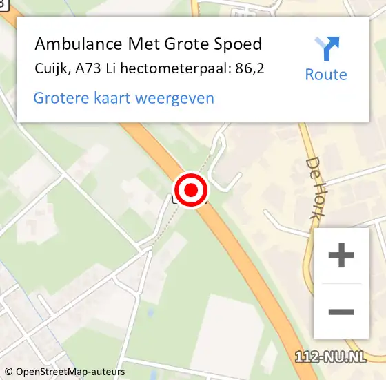 Locatie op kaart van de 112 melding: Ambulance Met Grote Spoed Naar Cuijk, A73 Li hectometerpaal: 88,0 op 11 april 2017 10:12