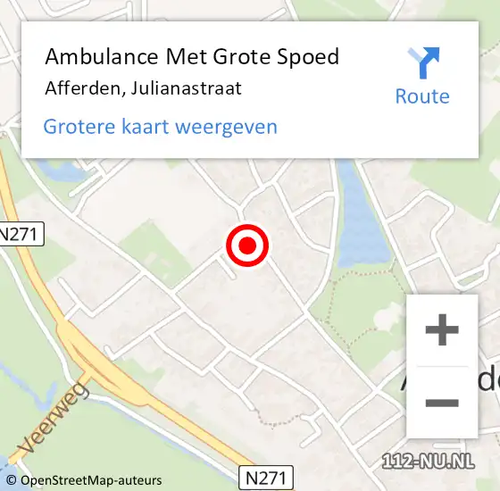 Locatie op kaart van de 112 melding: Ambulance Met Grote Spoed Naar Afferden, Julianastraat op 11 april 2017 14:05