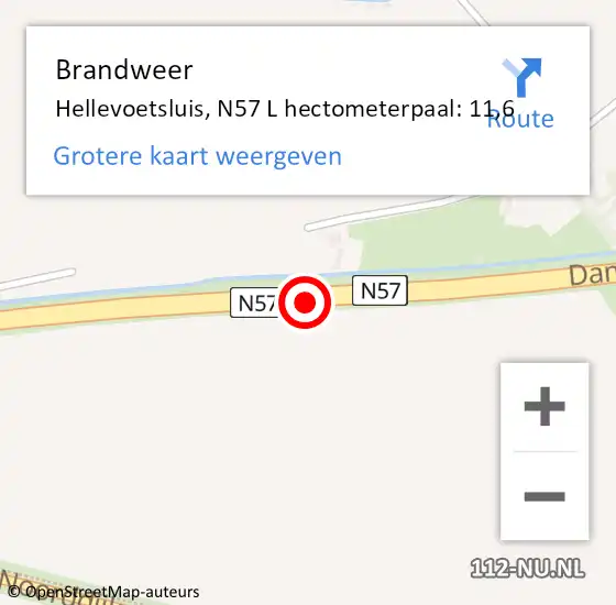 Locatie op kaart van de 112 melding: Brandweer Hellevoetsluis, N57 R hectometerpaal: 12,4 op 11 april 2017 22:27