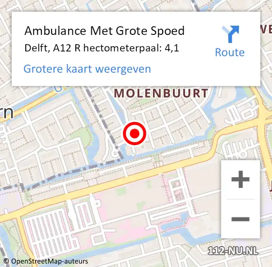 Locatie op kaart van de 112 melding: Ambulance Met Grote Spoed Naar Delft, A12 R hectometerpaal: 4,1 op 12 april 2017 08:02