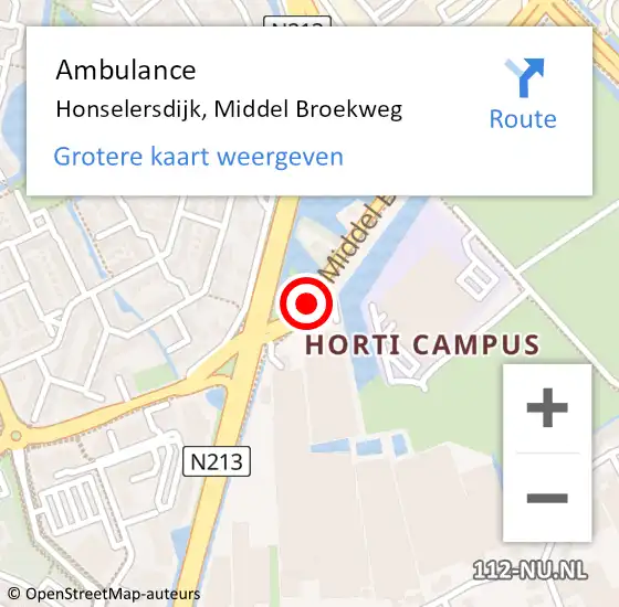 Locatie op kaart van de 112 melding: Ambulance Honselersdijk, Middel Broekweg op 12 april 2017 10:02