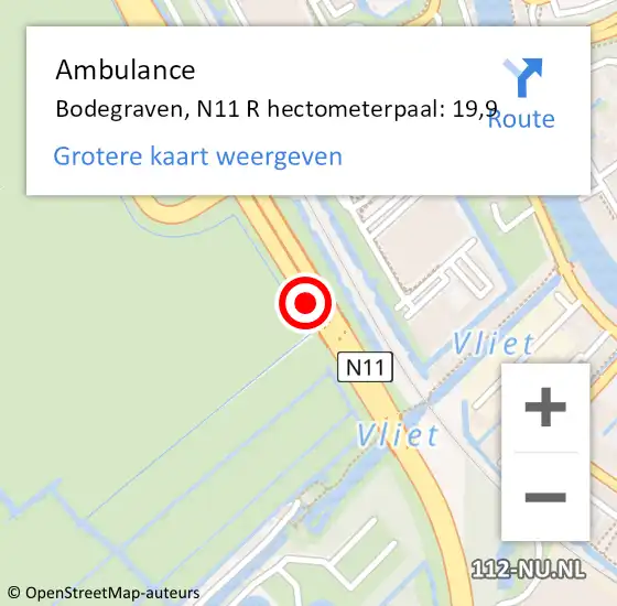 Locatie op kaart van de 112 melding: Ambulance Bodegraven, N11 R hectometerpaal: 19,9 op 12 april 2017 22:22