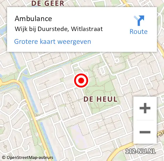 Locatie op kaart van de 112 melding: Ambulance Wijk bij Duurstede, Witlastraat op 13 april 2017 09:04