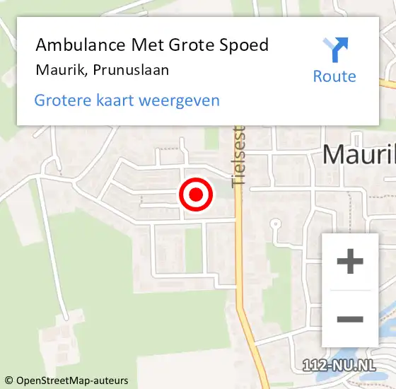 Locatie op kaart van de 112 melding: Ambulance Met Grote Spoed Naar Maurik, Prunuslaan op 14 april 2017 00:42