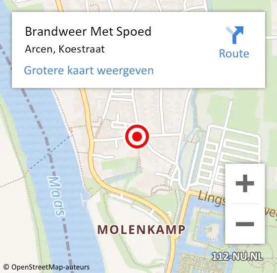 Locatie op kaart van de 112 melding: Brandweer Met Spoed Naar Arcen, Koestraat op 15 april 2017 22:31