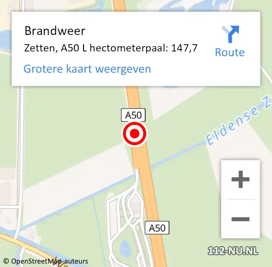 Locatie op kaart van de 112 melding: Brandweer Zetten, A50 R hectometerpaal: 158,0 op 16 april 2017 04:01