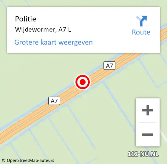 Locatie op kaart van de 112 melding: Politie Wijdewormer, A7 L op 16 april 2017 05:44