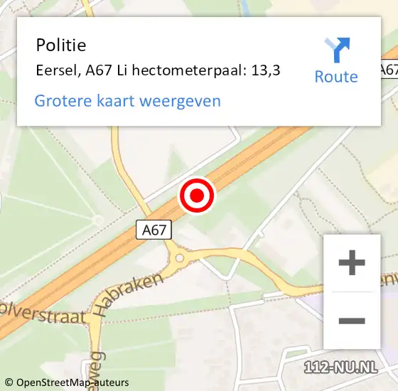 Locatie op kaart van de 112 melding: Politie Eersel, A67 Li hectometerpaal: 12,1 op 16 april 2017 13:39