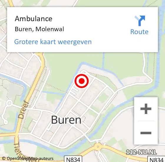 Locatie op kaart van de 112 melding: Ambulance Buren, Molenwal op 17 april 2017 00:56