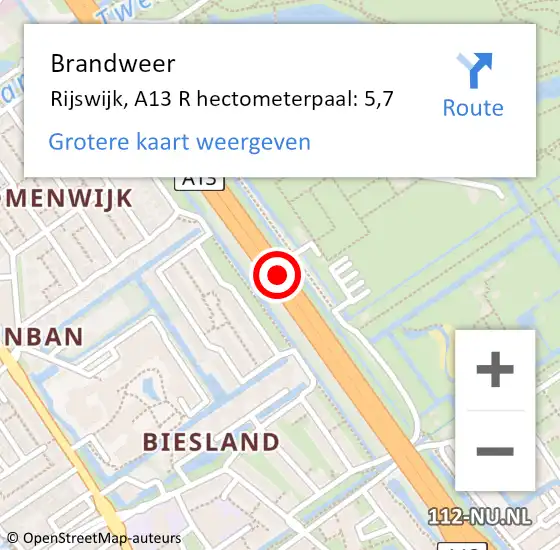 Locatie op kaart van de 112 melding: Brandweer Rijswijk, A13 L hectometerpaal: 5,6 op 18 april 2017 19:03