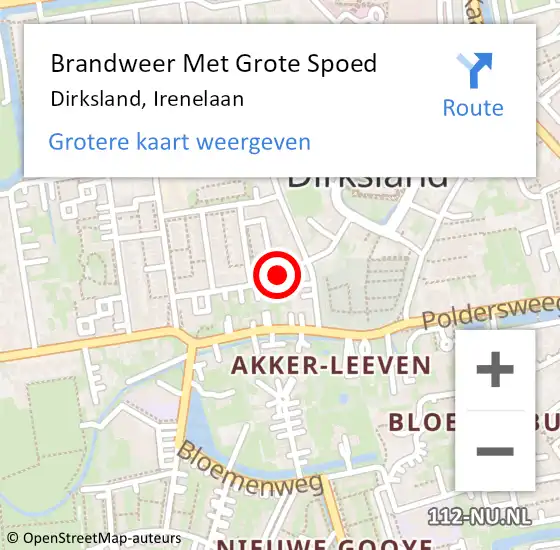 Locatie op kaart van de 112 melding: Brandweer Met Grote Spoed Naar Dirksland, Irenelaan op 19 april 2017 05:19