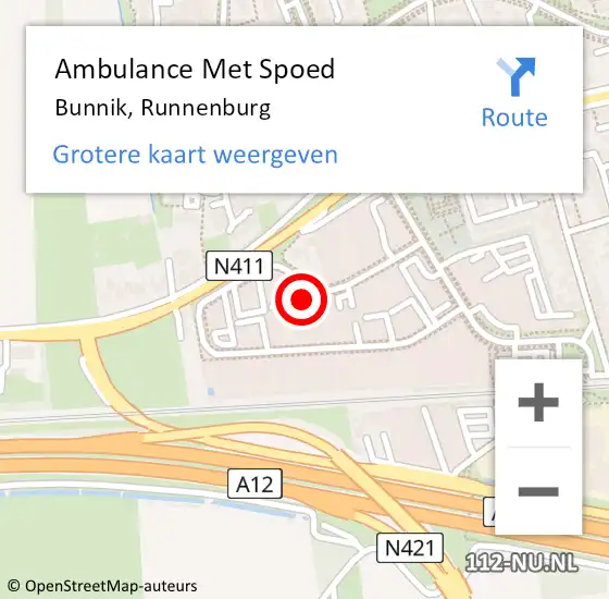 Locatie op kaart van de 112 melding: Ambulance Met Spoed Naar Bunnik, Runnenburg op 19 april 2017 15:58