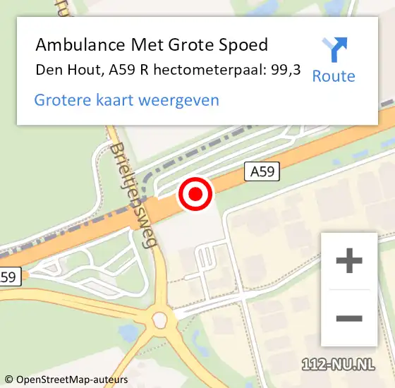 Locatie op kaart van de 112 melding: Ambulance Met Grote Spoed Naar Den Hout, A59 R hectometerpaal: 99,3 op 20 april 2017 14:21