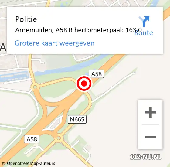 Locatie op kaart van de 112 melding: Politie Arnemuiden, A58 R hectometerpaal: 163,0 op 20 april 2017 22:44