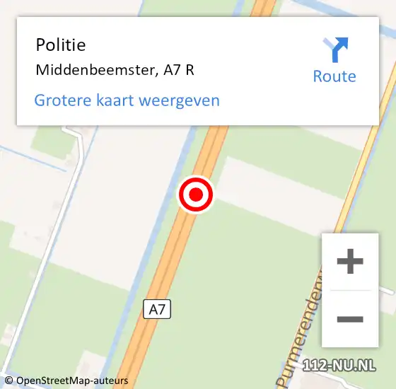 Locatie op kaart van de 112 melding: Politie Middenbeemster, A7 R op 23 april 2017 19:14