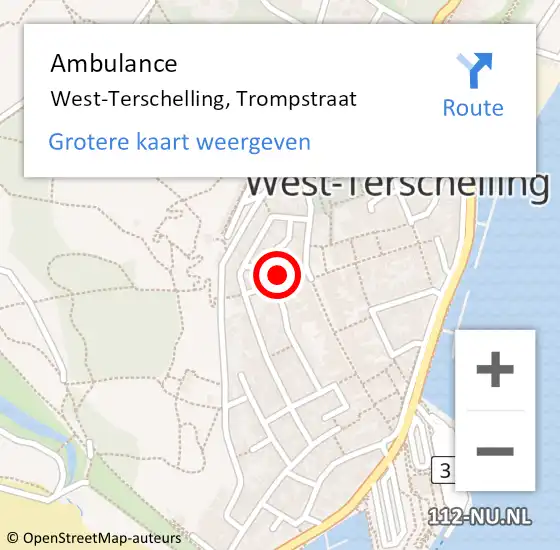 Locatie op kaart van de 112 melding: Ambulance West-Terschelling, Trompstraat op 24 april 2017 21:06