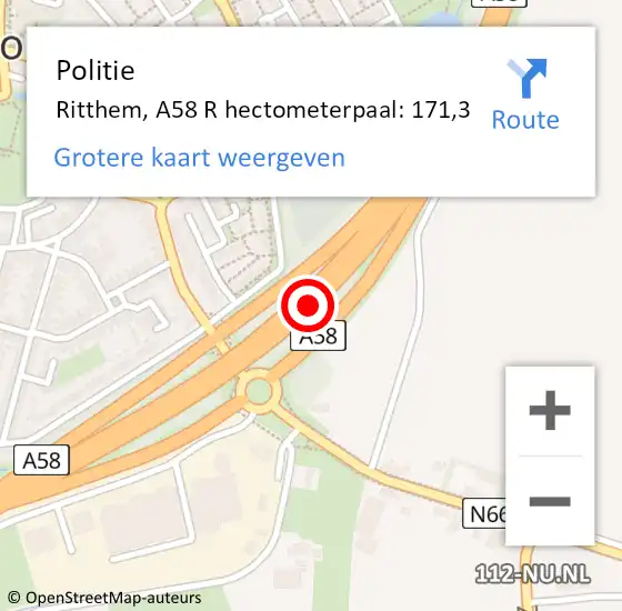 Locatie op kaart van de 112 melding: Politie Ritthem, A58 R hectometerpaal: 171,3 op 26 april 2017 15:40