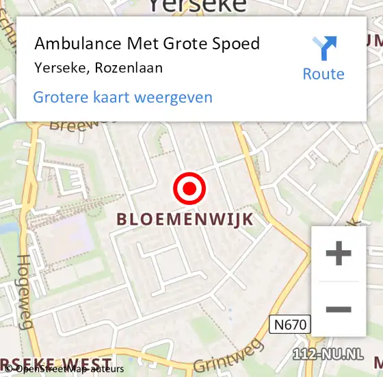 Locatie op kaart van de 112 melding: Ambulance Met Grote Spoed Naar Yerseke, Rozenlaan op 27 april 2017 13:04