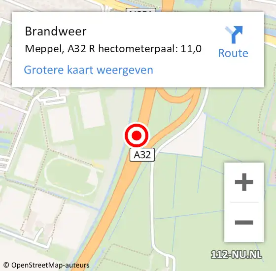 Locatie op kaart van de 112 melding: Brandweer Meppel, A32 R hectometerpaal: 11,0 op 27 april 2017 21:53