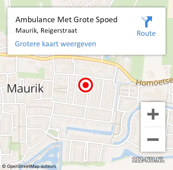 Locatie op kaart van de 112 melding: Ambulance Met Grote Spoed Naar Maurik, Reigerstraat op 18 januari 2014 20:56