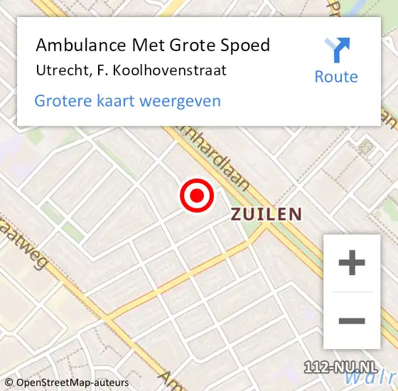 Locatie op kaart van de 112 melding: Ambulance Met Grote Spoed Naar Utrecht, F. Koolhovenstraat op 1 mei 2017 10:08