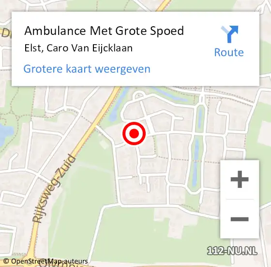 Locatie op kaart van de 112 melding: Ambulance Met Grote Spoed Naar Elst, Caro Van Eijcklaan op 1 mei 2017 12:52