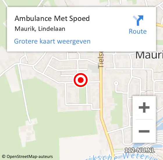 Locatie op kaart van de 112 melding: Ambulance Met Spoed Naar Maurik, Lindelaan op 1 mei 2017 21:37