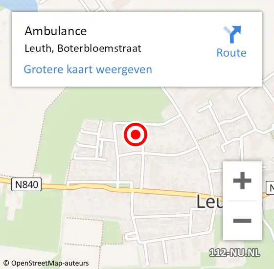 Locatie op kaart van de 112 melding: Ambulance Leuth, Boterbloemstraat op 2 mei 2017 23:05