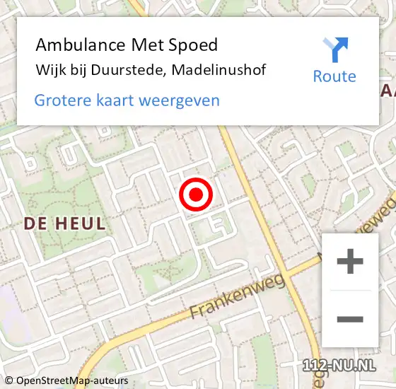 Locatie op kaart van de 112 melding: Ambulance Met Spoed Naar Wijk bij Duurstede, Madelinushof op 3 mei 2017 13:00