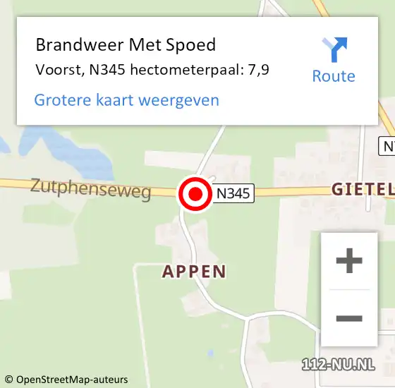 Locatie op kaart van de 112 melding: Brandweer Met Spoed Naar Voorst, N345 hectometerpaal: 7,9 op 5 mei 2017 06:43