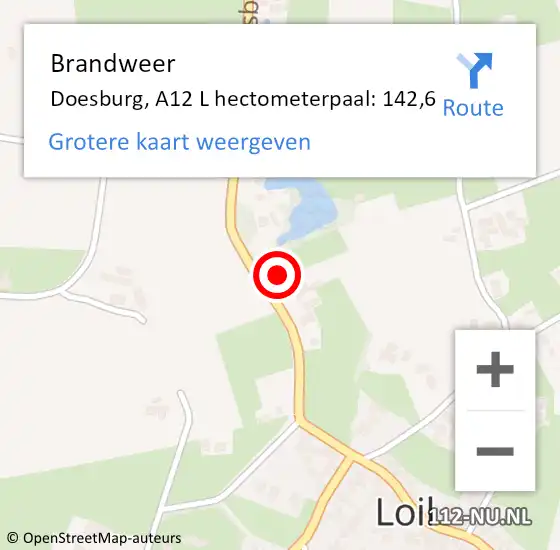 Locatie op kaart van de 112 melding: Brandweer Doesburg, A12 L hectometerpaal: 142,6 op 5 mei 2017 13:00
