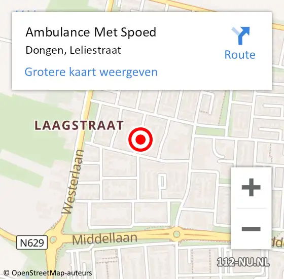 Locatie op kaart van de 112 melding: Ambulance Met Spoed Naar Dongen, Leliestraat op 5 mei 2017 20:30